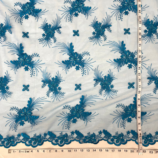 1 Yard Silver Beaded Lace Fabric Embroidered on Polyester Net Mesh for Wedding and Evening Gowns – 52"