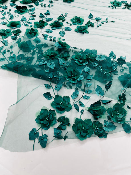 Orquidia 3D Floral Design Embroidered With Pearls Lace Fabric - 3D Floral Mesh Lace, 54" Width (1 Yard)
