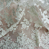 1 Yard Stunning Beaded and Corded Bridal Lace Fabric Embroidered on 100% Polyester Net Mesh White