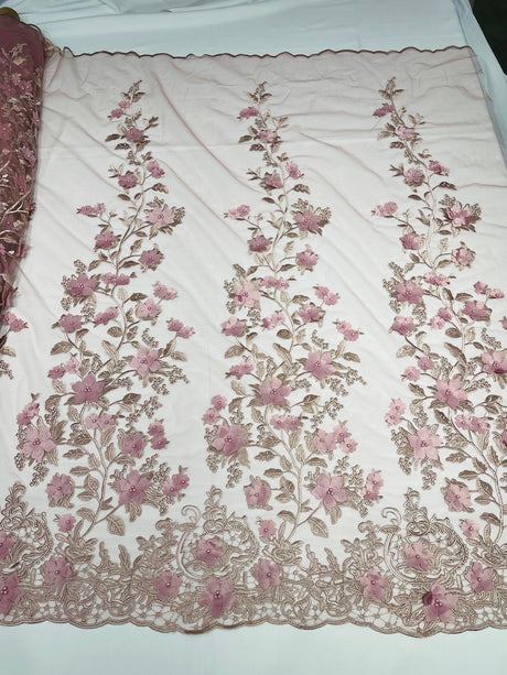 Princess 3D Floral Lace Polyester Fabric - Beaded Mesh Lace, 50" Width (1 Yard)