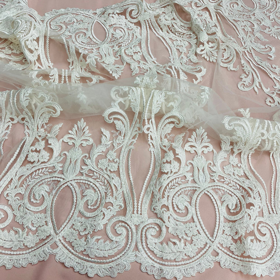 1 Yard Beaded & Corded Bridal Lace Fabric Embroidered on 100% Polyester Net Mesh | Lace USA - 97206W-HB - Ivory