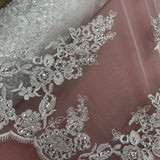 Beaded Corded Floral Bridal Lace Fabric - White, Scalloped Border, 54" Width (1 Yard)