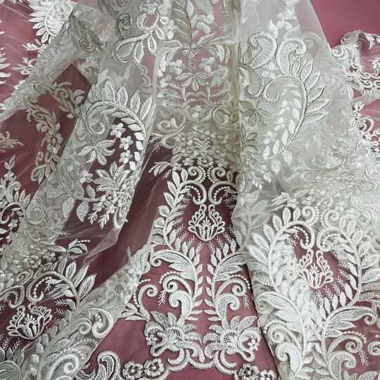 1 Yard Silver Corded Bridal Lace Fabric Embroidered on Polyester Net Mesh Floral Design 52 Inch Width
