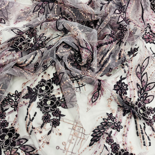 1 Yard Beaded Rhinestone 3D Floral Lace Fabric Embroidered 100 Percent Polyester Net Mesh 50 inch Width