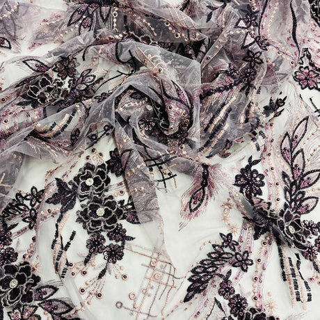 1 Yard Beaded Rhinestone 3D Floral Lace Fabric Embroidered 100 Percent Polyester Net Mesh 50 inch Width
