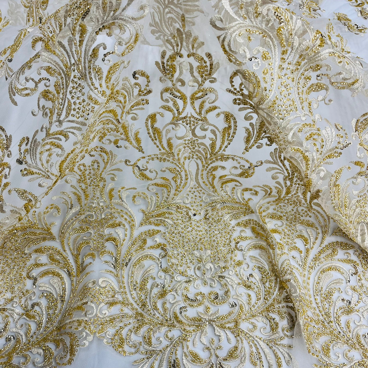 Beaded Lace Fabric on Polyester Net Mesh