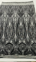 Feather Damask Shiny Sequin Design 4 Way Stretch Mesh Fabric - Iridescent Sequin Embroidered Mesh, 48-50" Width, 36" Length (1 Yard)
