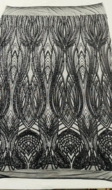 Feather Damask Shiny Sequin Design 4 Way Stretch Mesh Fabric - Iridescent Sequin Embroidered Mesh, 48-50" Width, 36" Length (1 Yard)