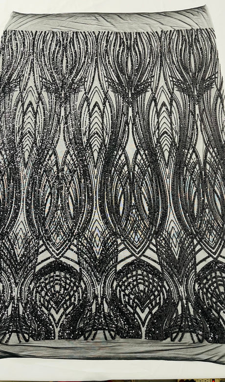 Feather Damask Shiny Sequin Design 4 Way Stretch Mesh Fabric - Iridescent Sequin Embroidered Mesh, 48-50" Width, 36" Length (1 Yard)