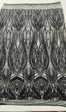 Feather Damask Shiny Sequin Design 4 Way Stretch Mesh Fabric - Iridescent Sequin Embroidered Mesh, 48-50" Width, 36" Length (1 Yard)