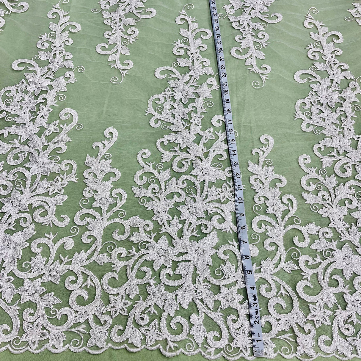 1 Yard Beaded and Corded Bridal Lace Fabric Embroidered on Polyester Net Mesh 51 inch Width