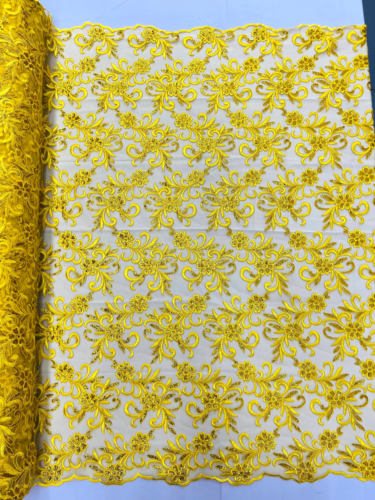Estrella Corded Flowers Embroider With Sequins Mesh Lace Fabric - Floral Embroidered, Double Scallop, 50-54" Width, 36" Length (1 Yard)