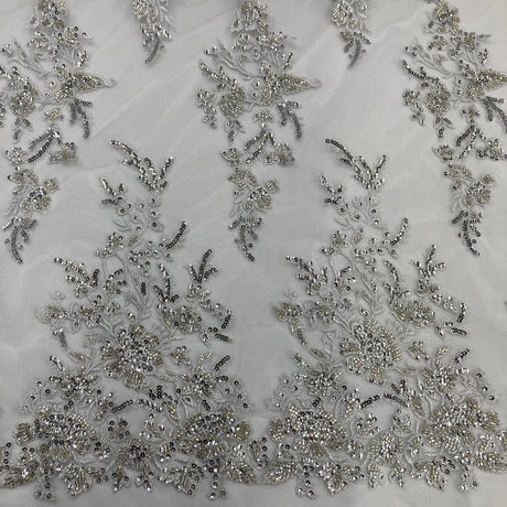1 Yard Beaded & Sequined Lace Fabric Embroidered on 100% Polyester Net Mesh