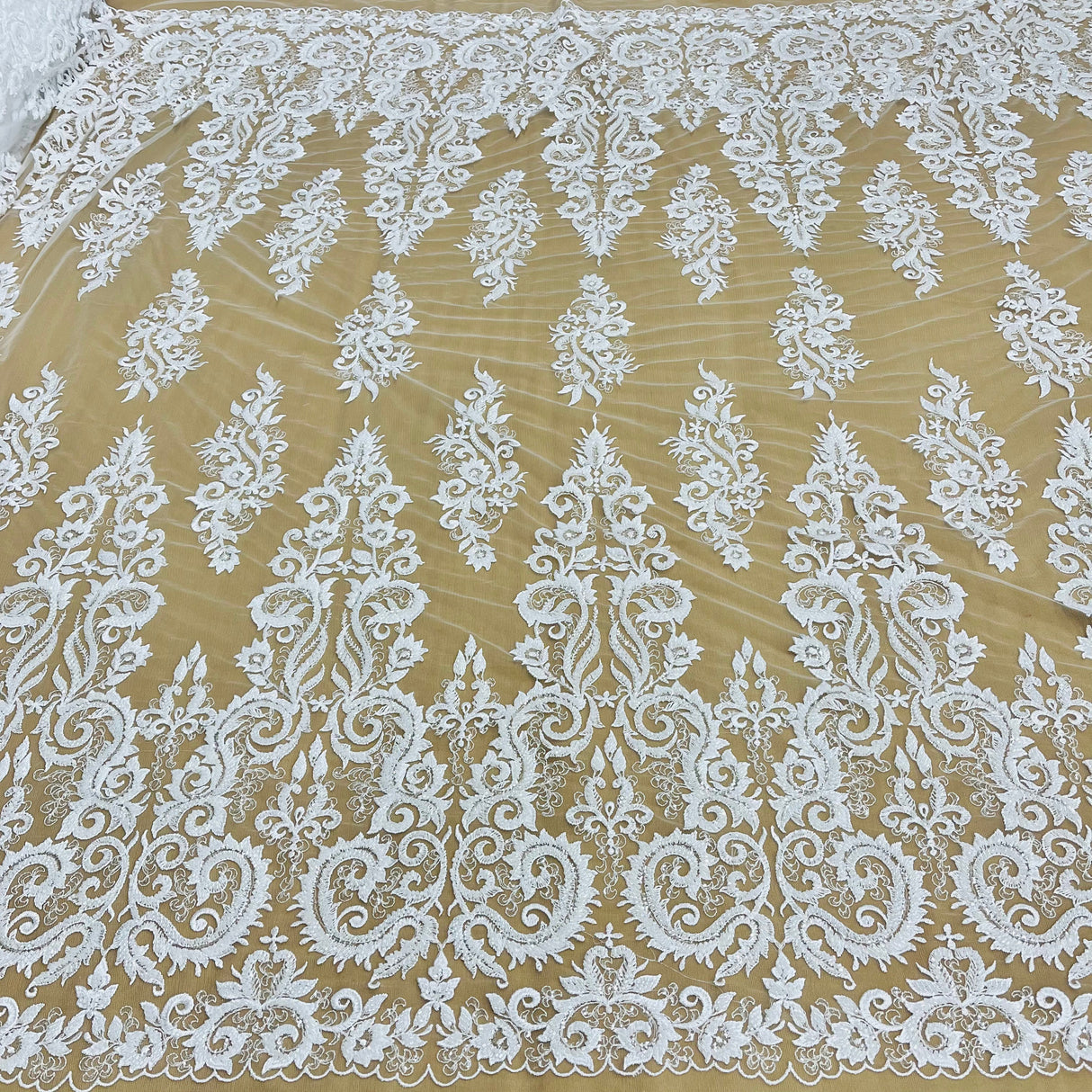 Beaded Lace Fabric Embroidered On 100 Percent Polyester Net Mesh - Ivory, White, 54" Width (1 Yard)