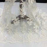 1 Yard Beaded Corded Bridal Lace Fabric Embroidered 100 Percent Polyester Net Mesh 51 inch Width