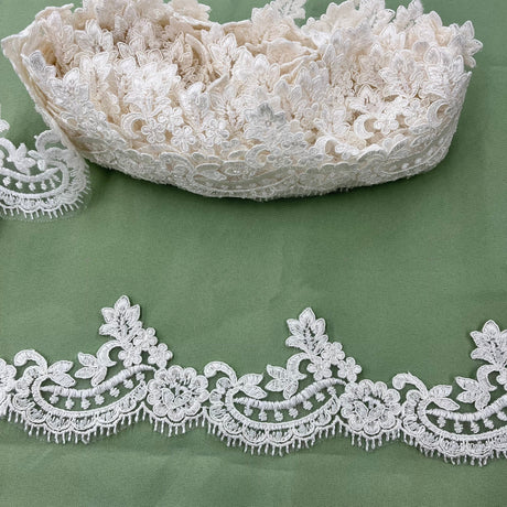Beaded & Corded Lace Trimming Polyester Fabric - Embroidered Net Mesh, Ivory With Silver, 3" Width (1 Yard)
