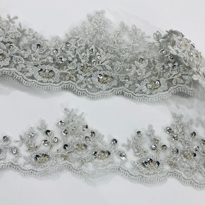 Beaded Lace Trimming Embroidered On 100 Percent Polyester Net Mesh Fabric - Gold, Silver, 3" Width (1 Yard)