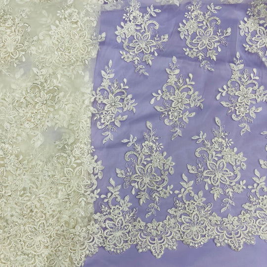 1 Yard Elegant Beaded and Corded Bridal Lace Fabric Embroidered on Polyester Net Mesh