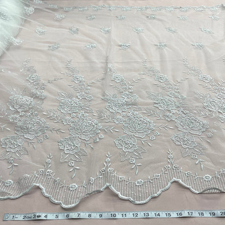1 Yard Silver Beaded Embroidered Lace Fabric on Polyester Net Mesh for Bridal and Evening Couture – 52"