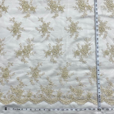 Beaded Corded Bridal Lace Fabric - Embroidered Polyester Net Mesh, Pearl Sequin Detail, 54" Width (1 Yard)