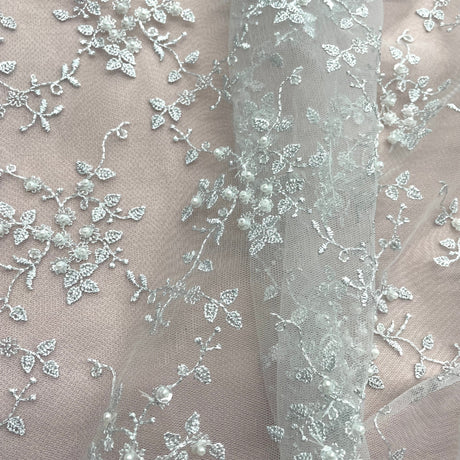 Beaded Lace Fabric Embroidered On 100 Percent Polyester Net Mesh - Fuchsia, Lime Green, Lilac, Silver, Mustard, 53" Width (1 Yard)