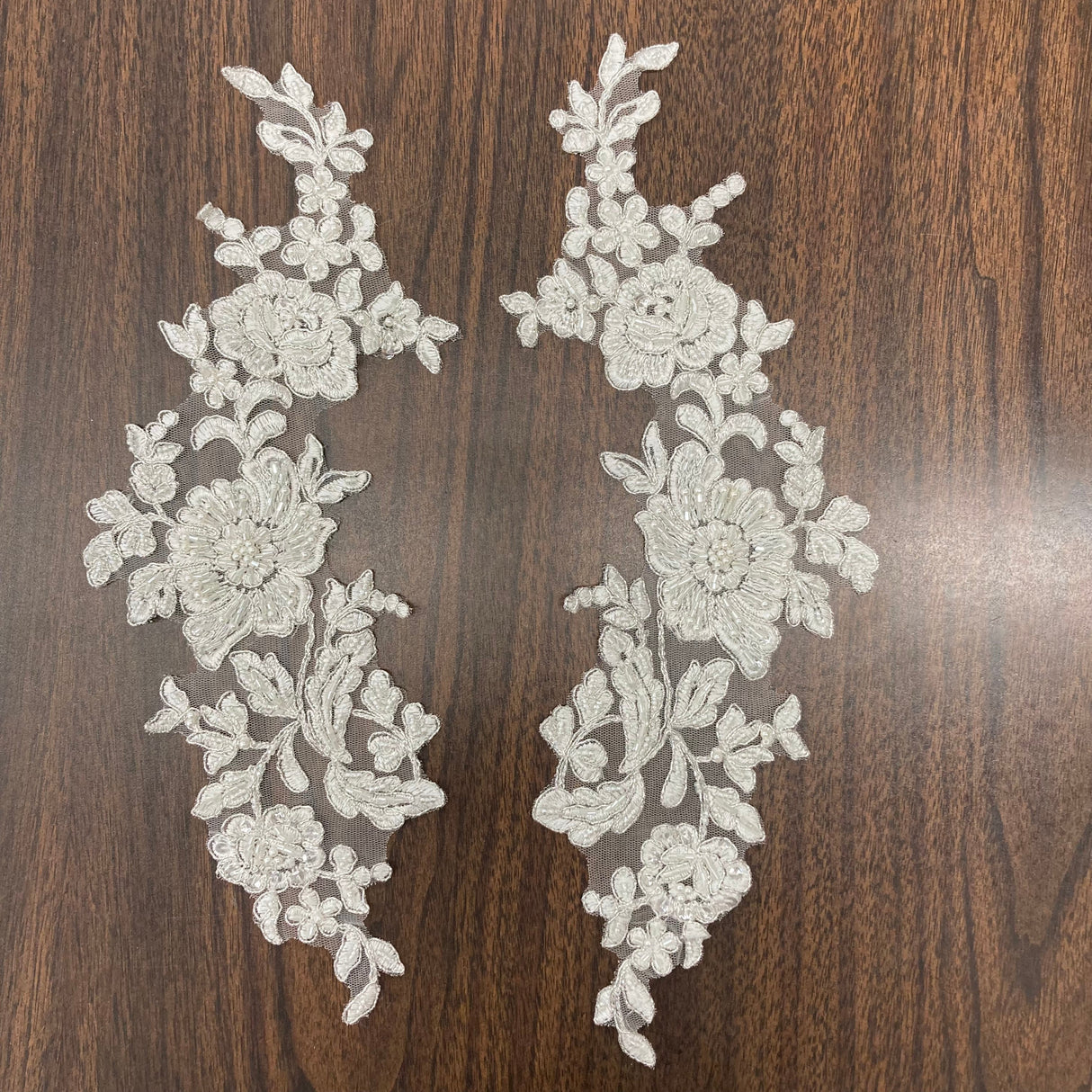 Beaded Corded Floral Lace Applique Polyester Fabric - Embroidered Net Mesh, 13" X 3", Black, Gold, Ivory, Silver, White, Ivory With Rose Gold Cording, White With Rose Gold Cording (1 Pair)