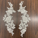 Beaded Corded Floral Lace Applique Polyester Fabric - Embroidered Net Mesh, 13" X 3", Black, Gold, Ivory, Silver, White, Ivory With Rose Gold Cording, White With Rose Gold Cording (1 Pair)