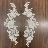 Beaded Corded Floral Lace Applique Polyester Fabric - Embroidered Net Mesh, 13" X 3", Black, Gold, Ivory, Silver, White, Ivory With Rose Gold Cording, White With Rose Gold Cording (1 Pair)
