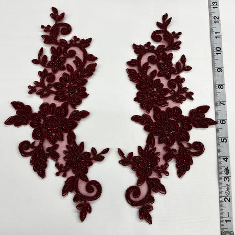 Beaded Corded Floral Lace Applique Embroidered Polyester Net Mesh Fabric - Floral Applique, 12.5" X 5" (1 Pair)