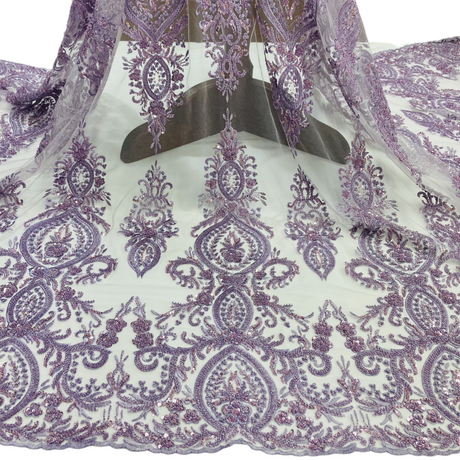 Beaded Lace Fabric Embroidered On 100 Percent Polyester Net Mesh - Lt. Coral, Lavander, 48" Width (1 Yard)