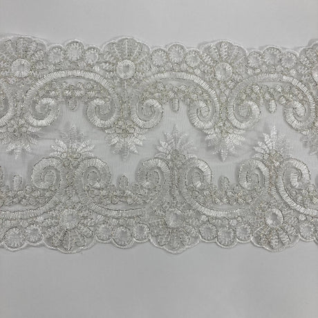 Corded Double Sided Lace Trimming Polyester Fabric - Embroidered Net Mesh, 6.5" Width (1 Yard)