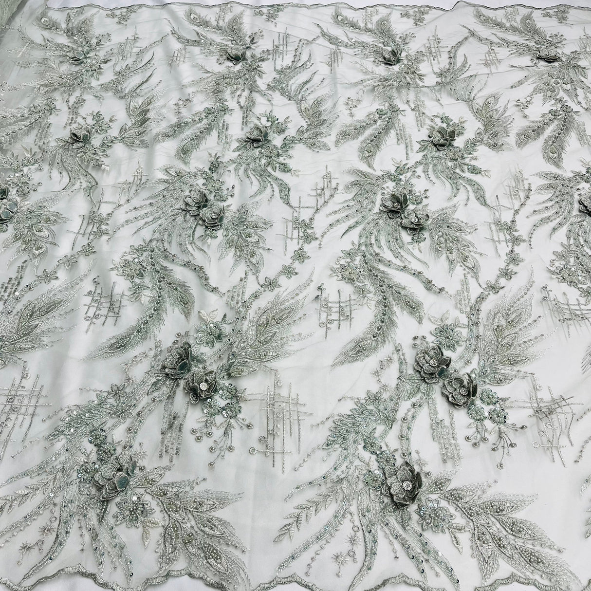 3D Floral Lace Fabric Beaded Rhinestone Embroidered