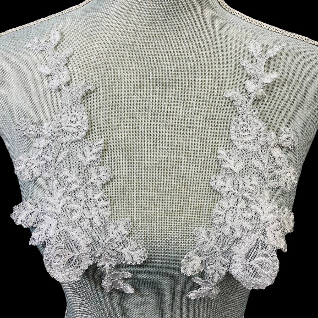 Corded Floral Applique Polyester Fabric - White, Ivory, White With Silver, Ivory With Silver, 9" X 3" (1 Pair)