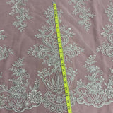 Beaded Lace Fabric Embroidered On 100 Percent Polyester Net Mesh - White, Ivory, Antique Silver, 53" Width (1 Yard)