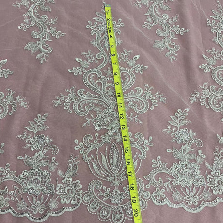 Beaded Lace Fabric Embroidered On 100 Percent Polyester Net Mesh - White, Ivory, Antique Silver, 53" Width (1 Yard)