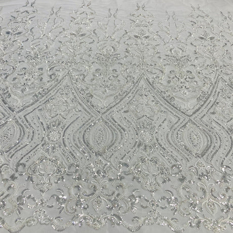 Beaded Lace Fabric Embroidered On 100 Percent Polyester Net Mesh - Gold, Silver, Ivory, White, 52" Width (1 Yard)