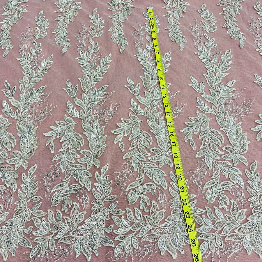 1 Yard Handmade Beaded Lace Fabric Embroidered on Polyester Net Mesh 54 inch Width