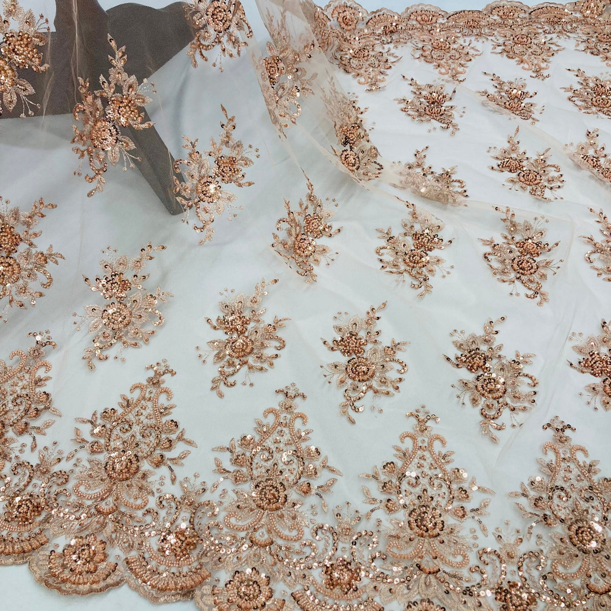 Beaded Lace Fabric on Polyester Net Mesh 50"