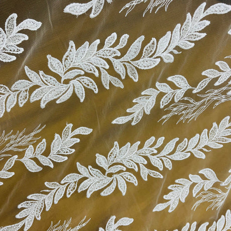 Beaded Lace Fabric Embroidered On 100 Percent Polyester Net Mesh - White, Ivory, Antique Silver, 54" Width (1 Yard)