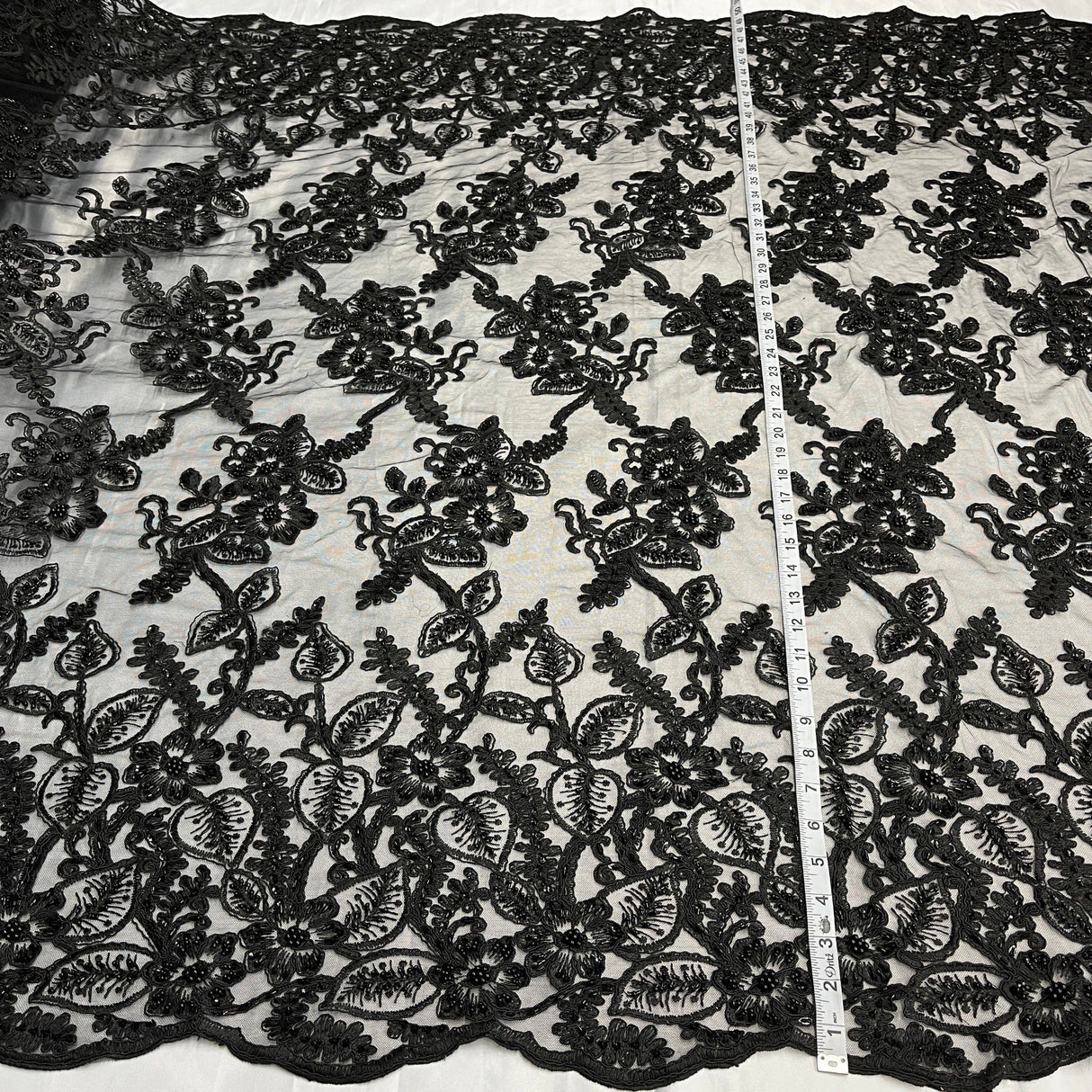 Beaded Corded Lace Navy Mesh