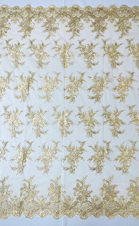 Valentina Embroider Floral Lace Polyester Fabric - Corded Floral Embroidery With Sequins, Mesh Lace, Double Scallop Edge, 50-54" Width (1 Yard)