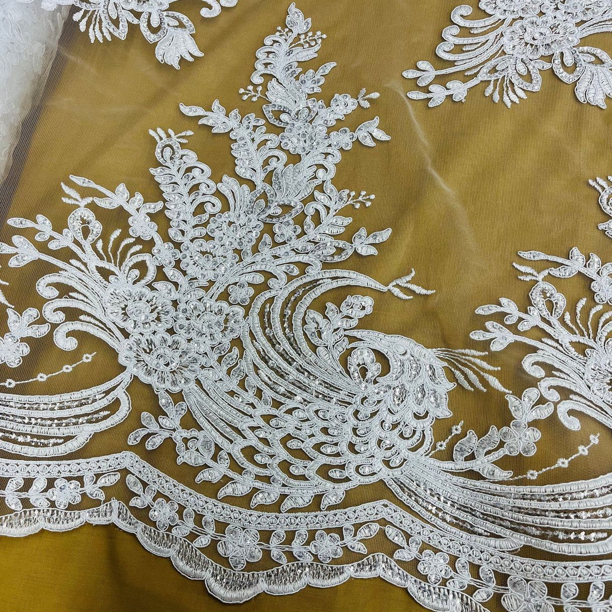 Beaded Corded Bridal Lace Fabric - Embroidered Polyester Net Mesh, 50" Width, Gold, Silver, Ivory, White (1 Yard)