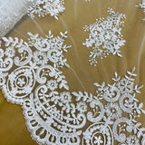 1 Yard Silver Corded Bridal Lace Fabric Embroidered on Polyester Net Mesh Elegant Design 56 Inch Width