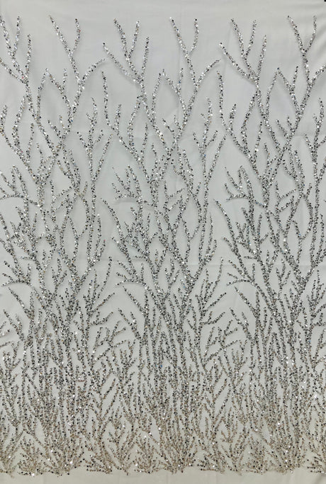 Beaded Sequined Lace Fabric on Polyester Net Mesh