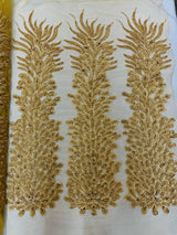 New Vegas Heavy Beaded Feather Design Embroidery Mesh Fabric - Beaded Feather Design, 11" Width, 50" Length (1 Panel)