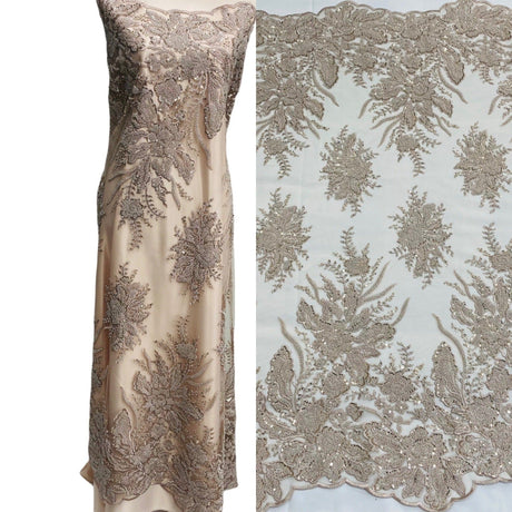 Beaded Lace Fabric Embroidered On 100 Percent Polyester Net Mesh - Blush, 48" Width (1 Yard)