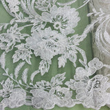 1 Yard - Corded & Sequined Bridal Lace Fabric Embroidered on 100% Polyester Net Mesh - 54"
