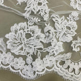 Double Sided Floral Lace Trimming Corded Embroidered On 100 Percent Polyester Net Mesh Fabric - Floral Corded Embroidered Lace Trim, 17.5" Width (1 Yard)
