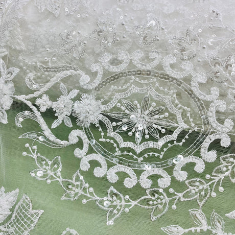 Beaded Lace Fabric - Embroidered Polyester Net Mesh, White, Ivory, Antique Silver, 51" Width (1 Yard)