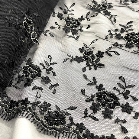 Beaded Lace Fabric on Polyester Net Mesh Black 50"
